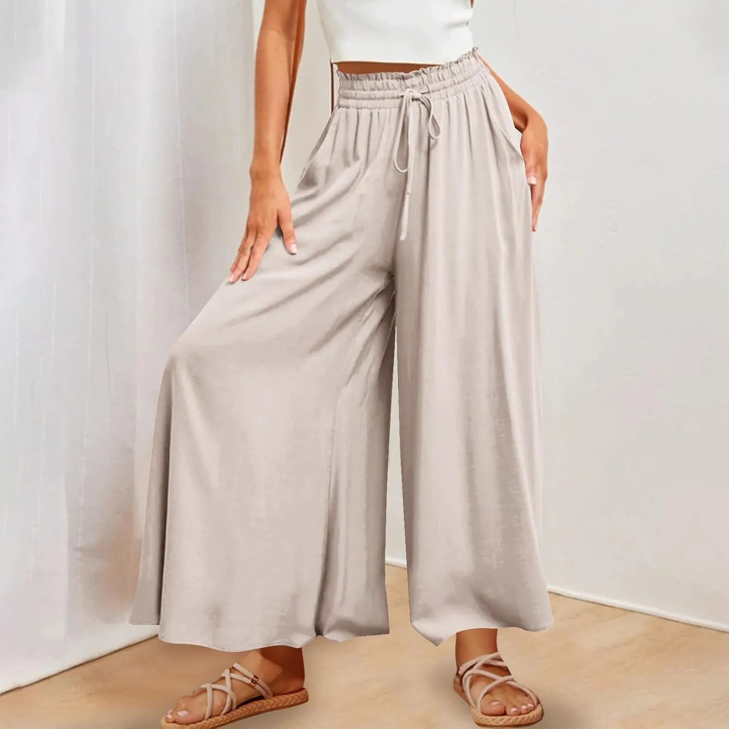 Women Casual High Waist Wide Leg Pants Summer Floral Solid Long Palazzo Pant Lounge Beach Trousers Slacks with Pocket