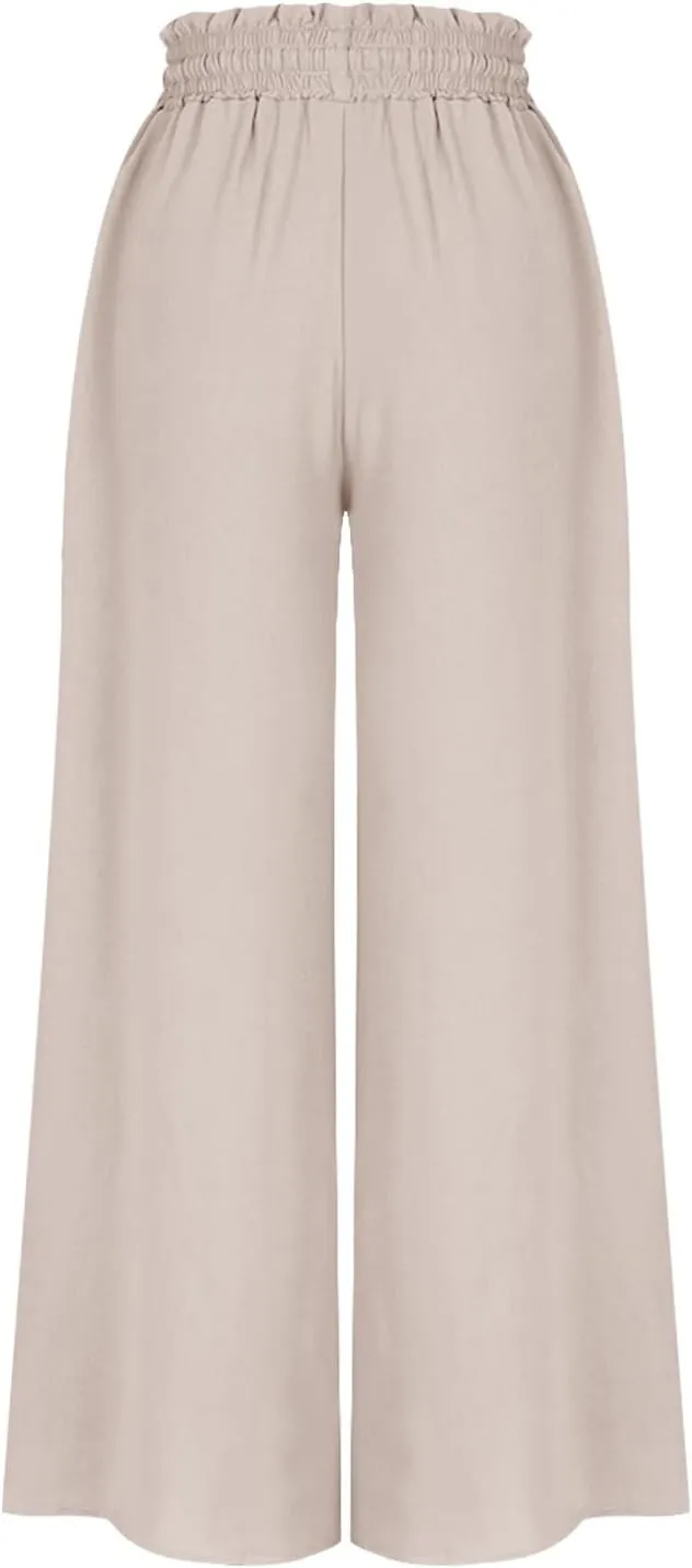 Women Casual High Waist Wide Leg Pants Summer Floral Solid Long Palazzo Pant Lounge Beach Trousers Slacks with Pocket