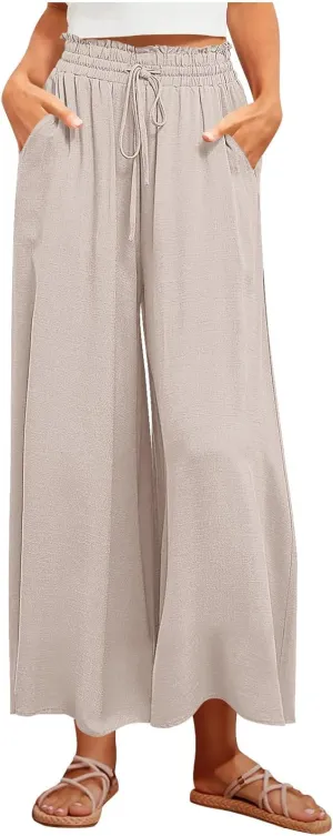 Women Casual High Waist Wide Leg Pants Summer Floral Solid Long Palazzo Pant Lounge Beach Trousers Slacks with Pocket