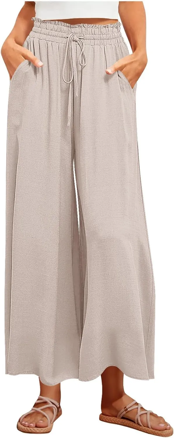 Women Casual High Waist Wide Leg Pants Summer Floral Solid Long Palazzo Pant Lounge Beach Trousers Slacks with Pocket