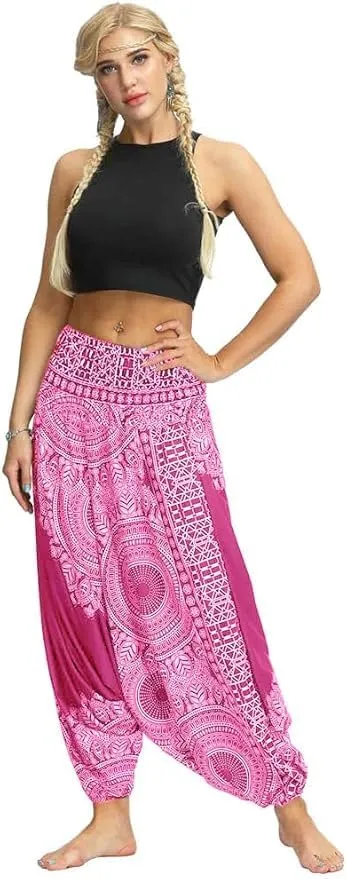 Women Casual Peacock Print Summer Loose Yoga Trousers Baggy Boho Aladdin Jumpsuit Harem Pants