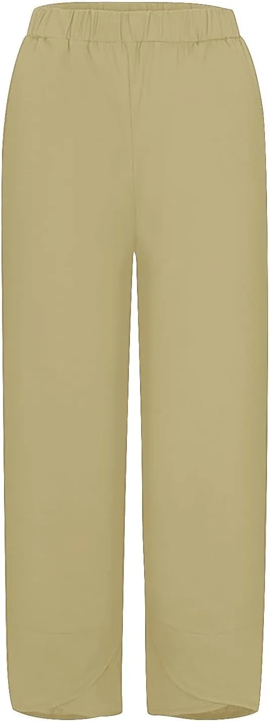Women Cotton Linen Cropped Pants Casual Summer Elastic High Waist Loose Fit Wide Leg Drawstring Lounge Trousers with Pockets