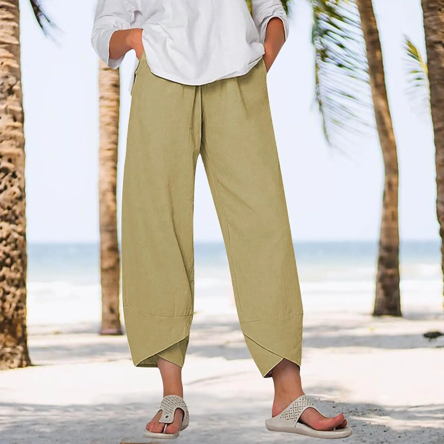 Women Cotton Linen Cropped Pants Casual Summer Elastic High Waist Loose Fit Wide Leg Drawstring Lounge Trousers with Pockets