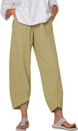 Women Cotton Linen Cropped Pants Casual Summer Elastic High Waist Loose Fit Wide Leg Drawstring Lounge Trousers with Pockets