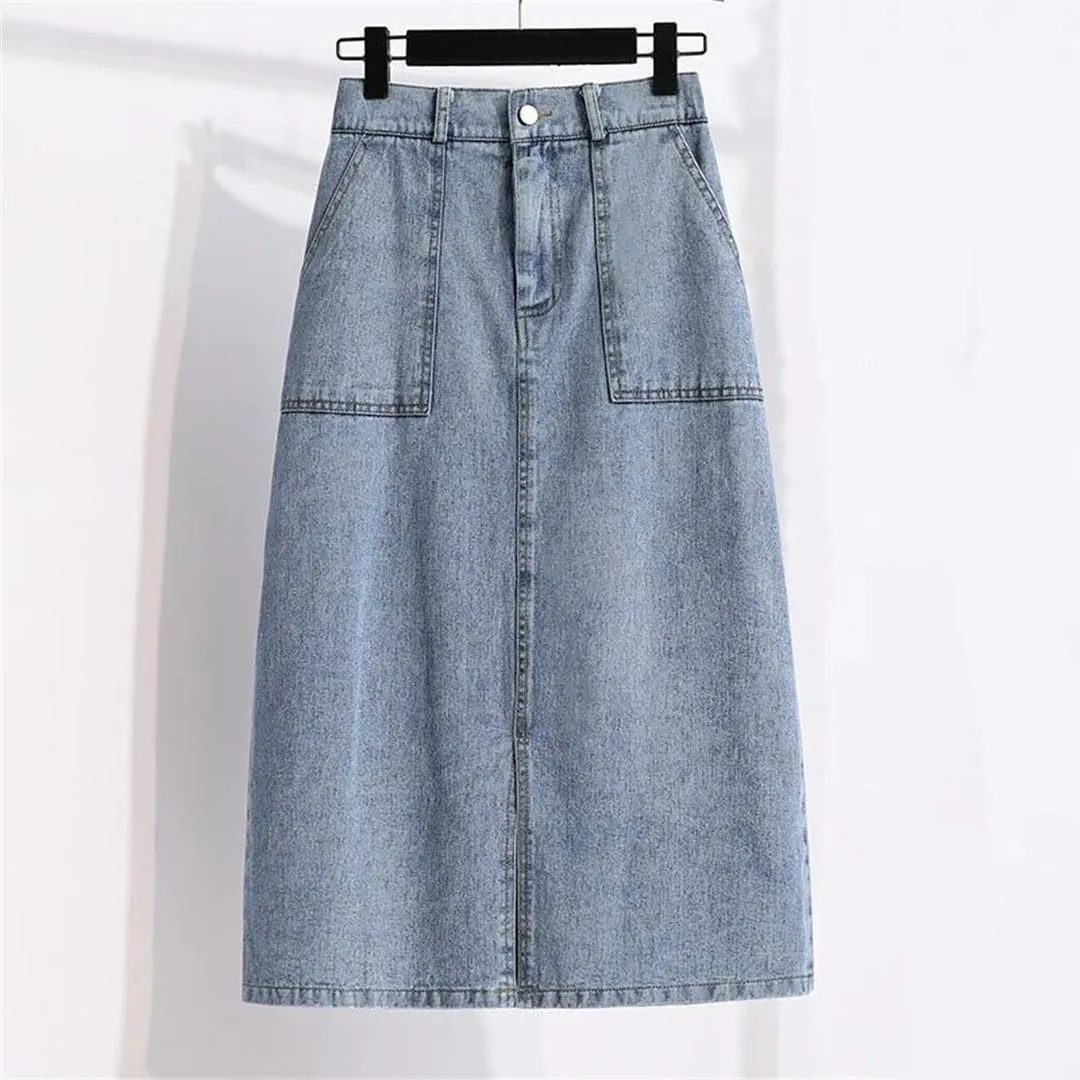 Women Denim Skirt Fashion High Waist Split Midi-Length Skirt Summer Casual Pockets Jeans Straight Skirts