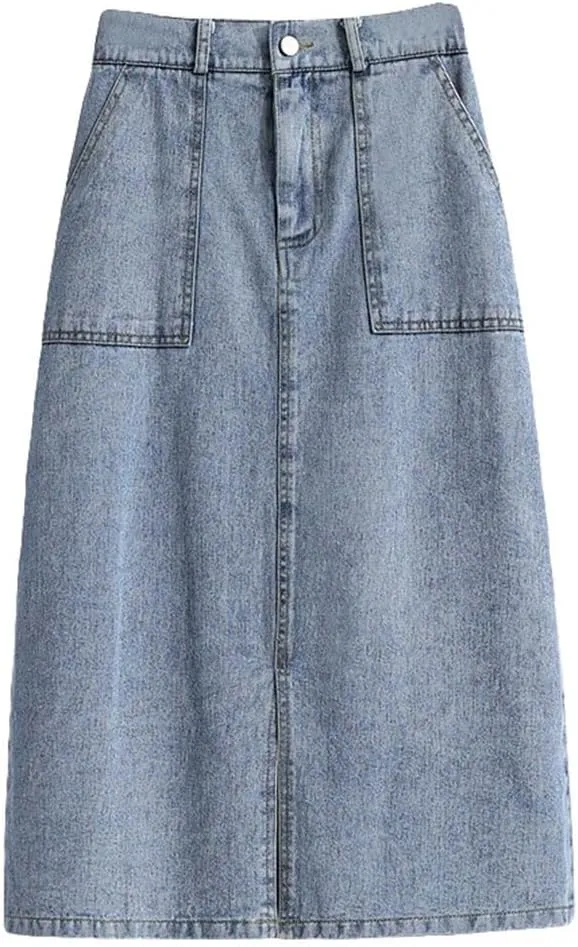 Women Denim Skirt Fashion High Waist Split Midi-Length Skirt Summer Casual Pockets Jeans Straight Skirts