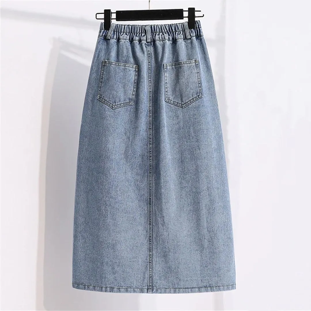 Women Denim Skirt Fashion High Waist Split Midi-Length Skirt Summer Casual Pockets Jeans Straight Skirts