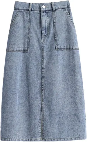 Women Denim Skirt Fashion High Waist Split Midi-Length Skirt Summer Casual Pockets Jeans Straight Skirts