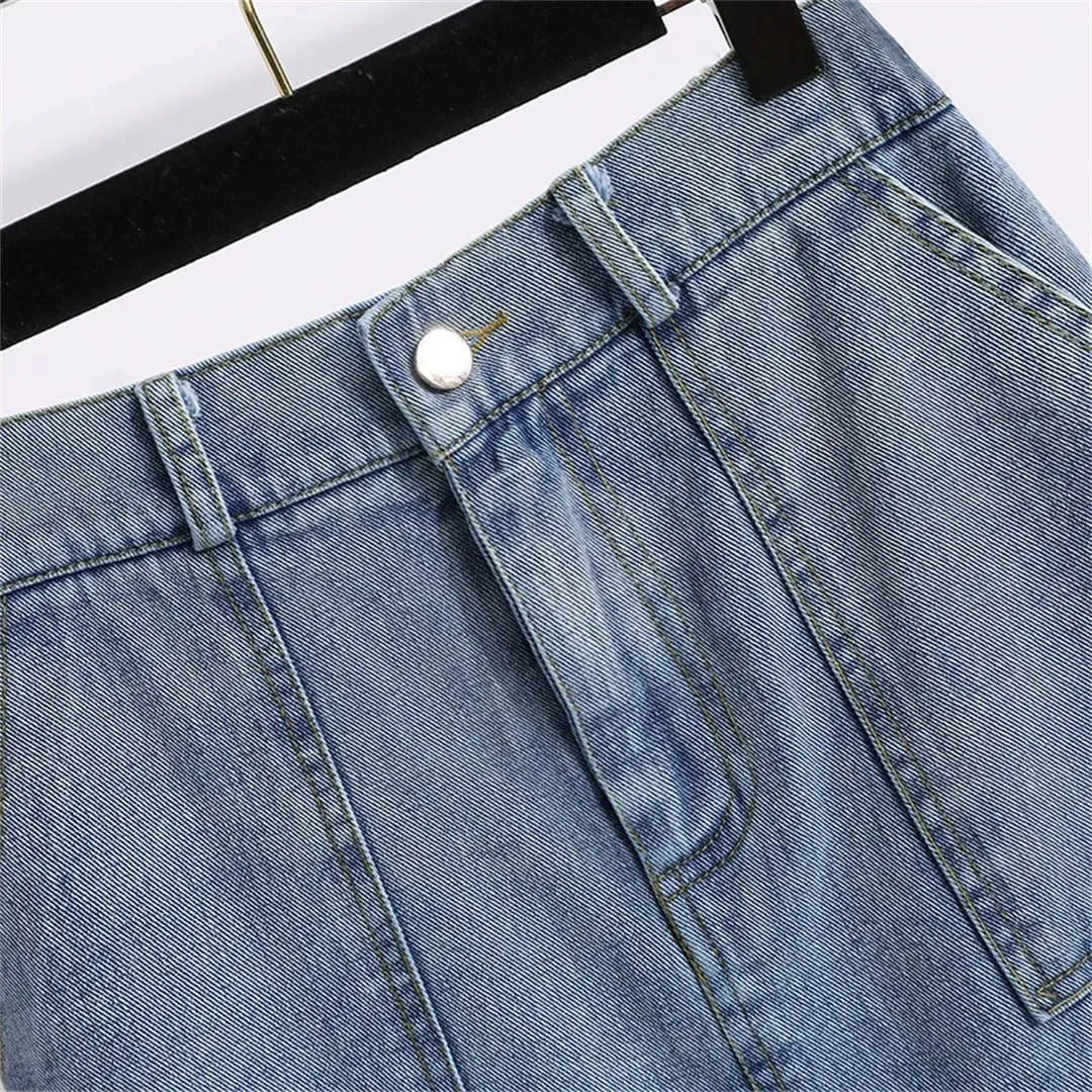 Women Denim Skirt Fashion High Waist Split Midi-Length Skirt Summer Casual Pockets Jeans Straight Skirts