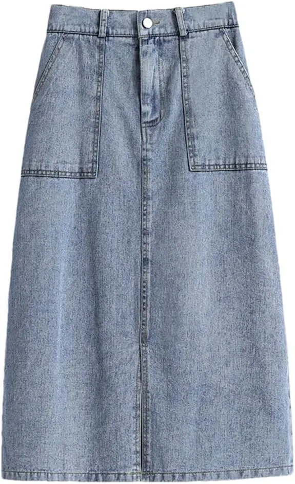 Women Denim Skirt Fashion High Waist Split Midi-Length Skirt Summer Casual Pockets Jeans Straight Skirts
