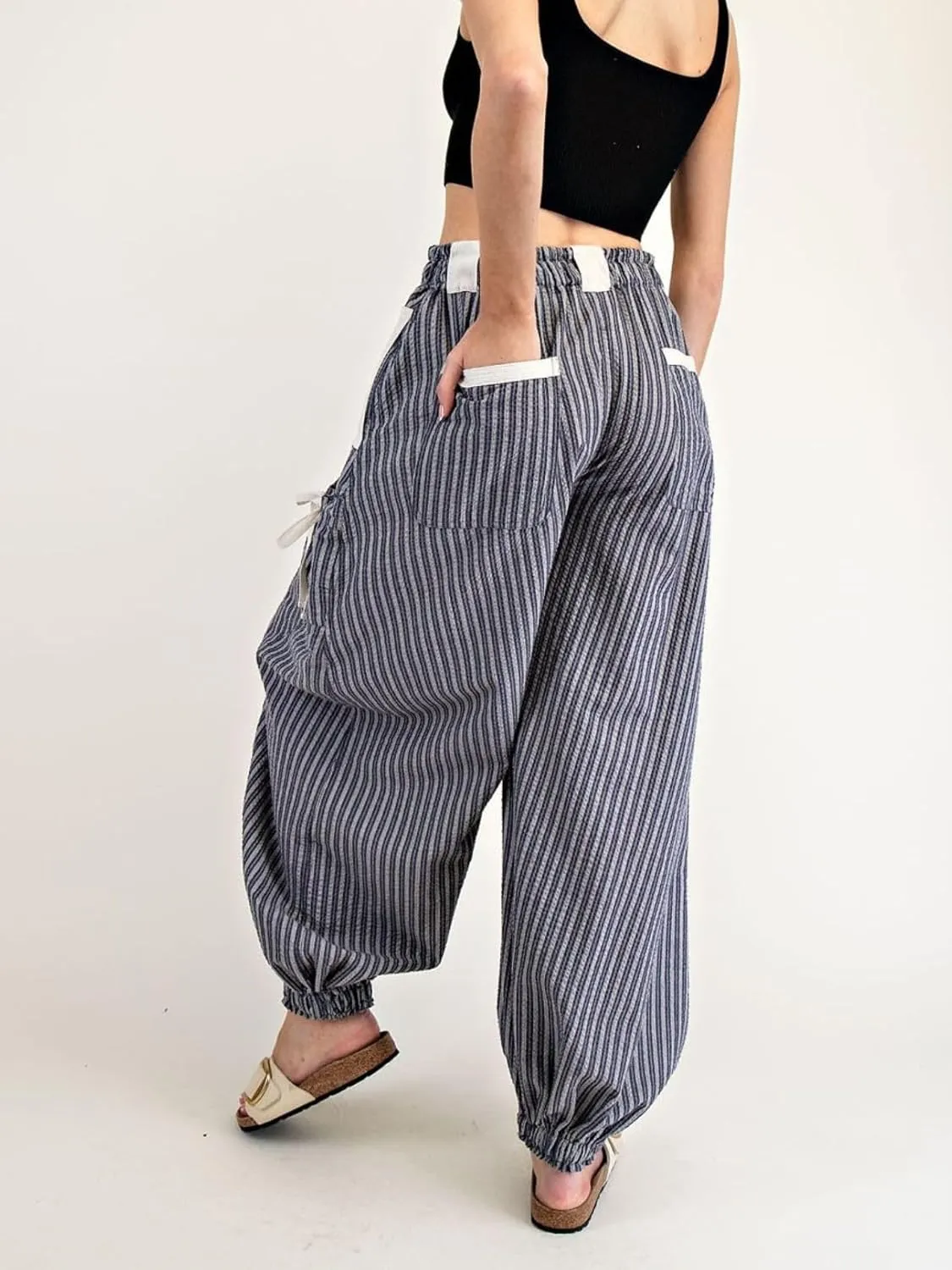 Women Drawstring Striped Pants Loose Wide Leg Casual Lounge Pants with Pockets