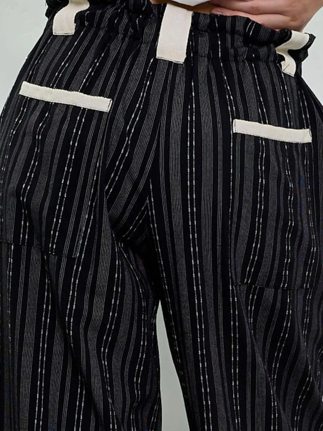 Women Drawstring Striped Pants Loose Wide Leg Casual Lounge Pants with Pockets
