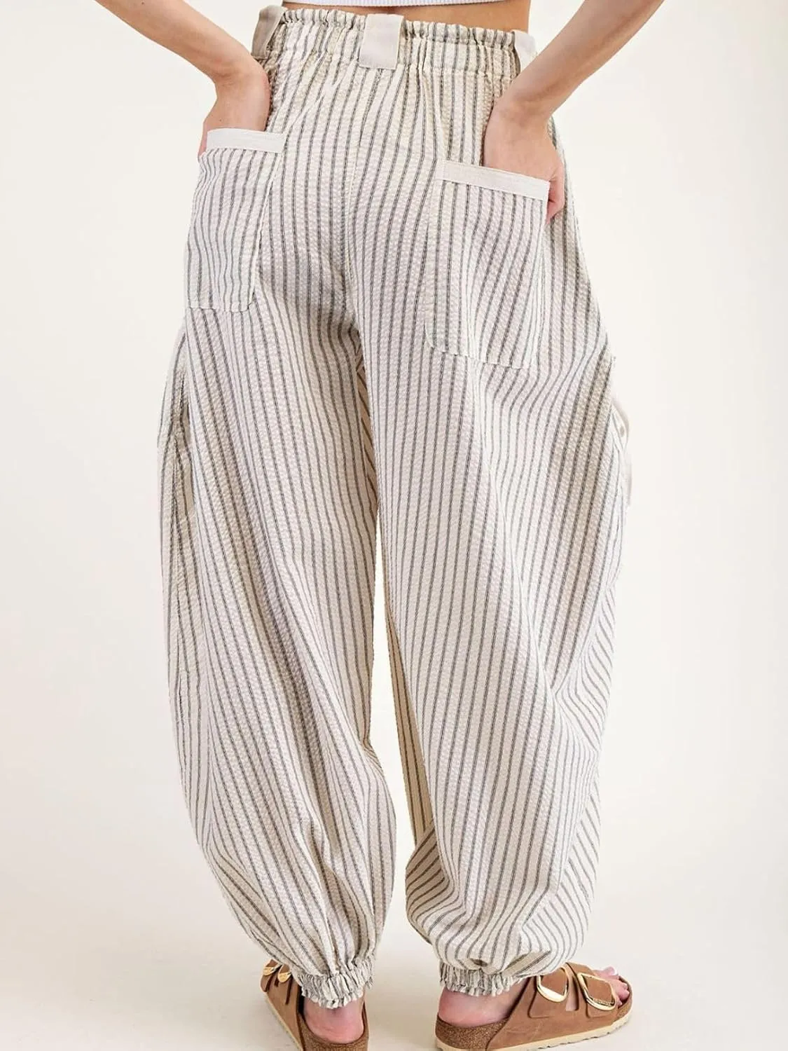 Women Drawstring Striped Pants Loose Wide Leg Casual Lounge Pants with Pockets