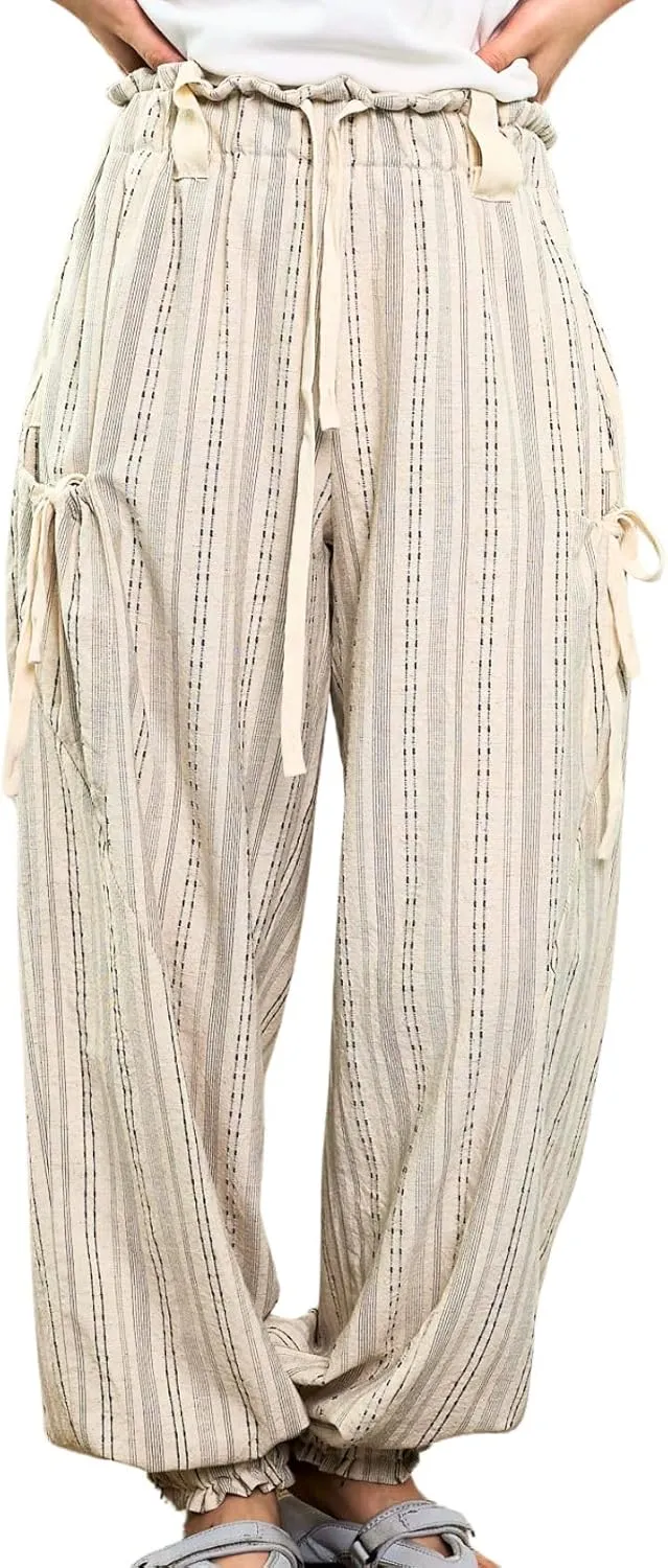 Women Drawstring Striped Pants Loose Wide Leg Casual Lounge Pants with Pockets