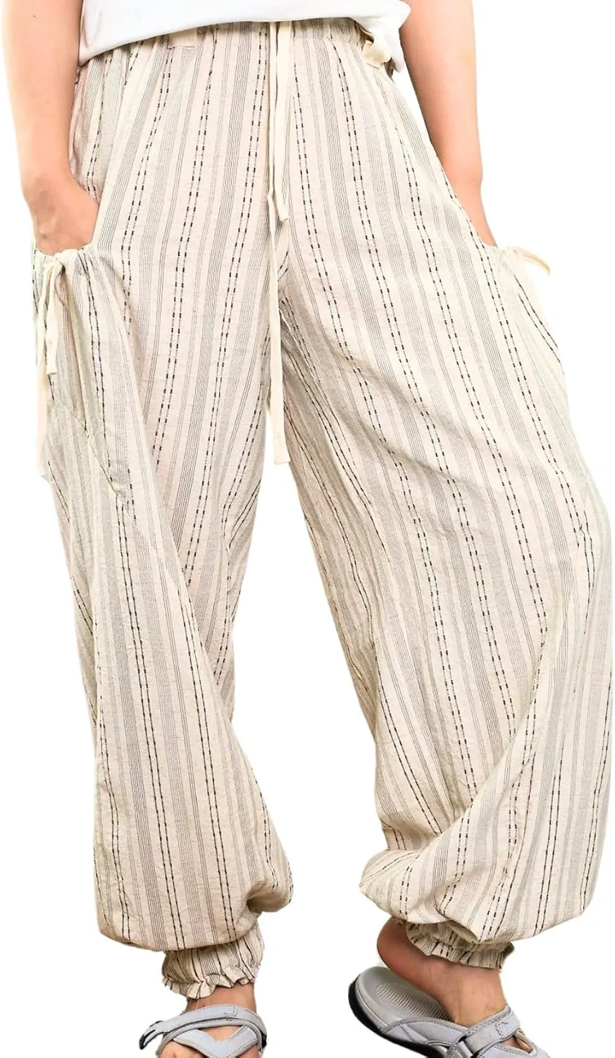Women Drawstring Striped Pants Loose Wide Leg Casual Lounge Pants with Pockets