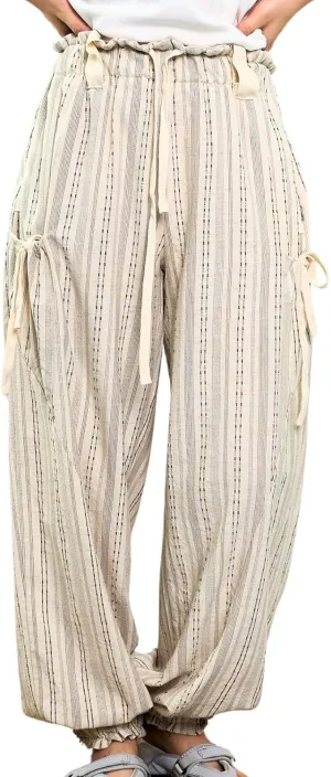 Women Drawstring Striped Pants Loose Wide Leg Casual Lounge Pants with Pockets