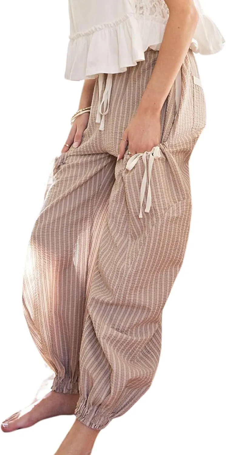Women Drawstring Striped Pants Loose Wide Leg Casual Lounge Pants with Pockets