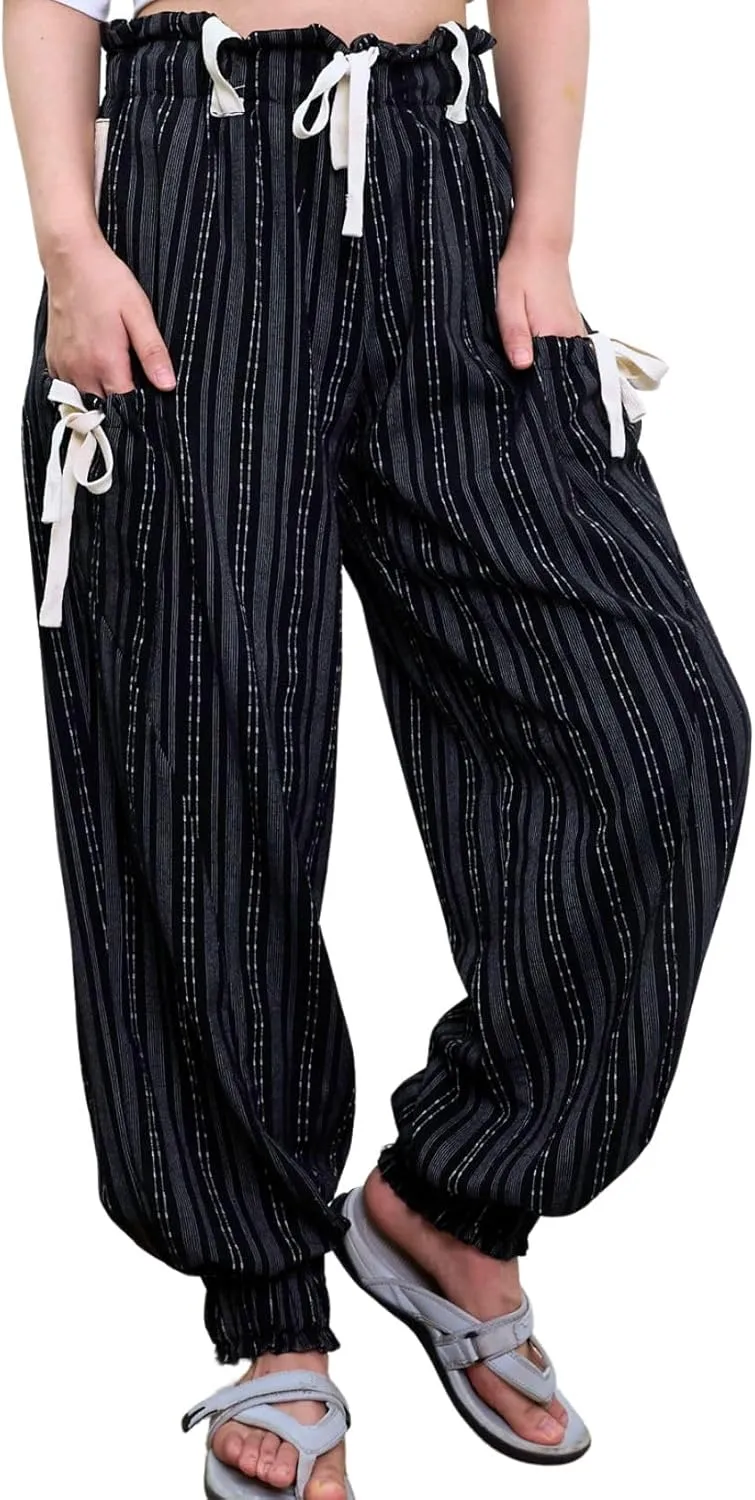 Women Drawstring Striped Pants Loose Wide Leg Casual Lounge Pants with Pockets