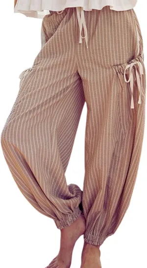 Women Drawstring Striped Pants Loose Wide Leg Casual Lounge Pants with Pockets