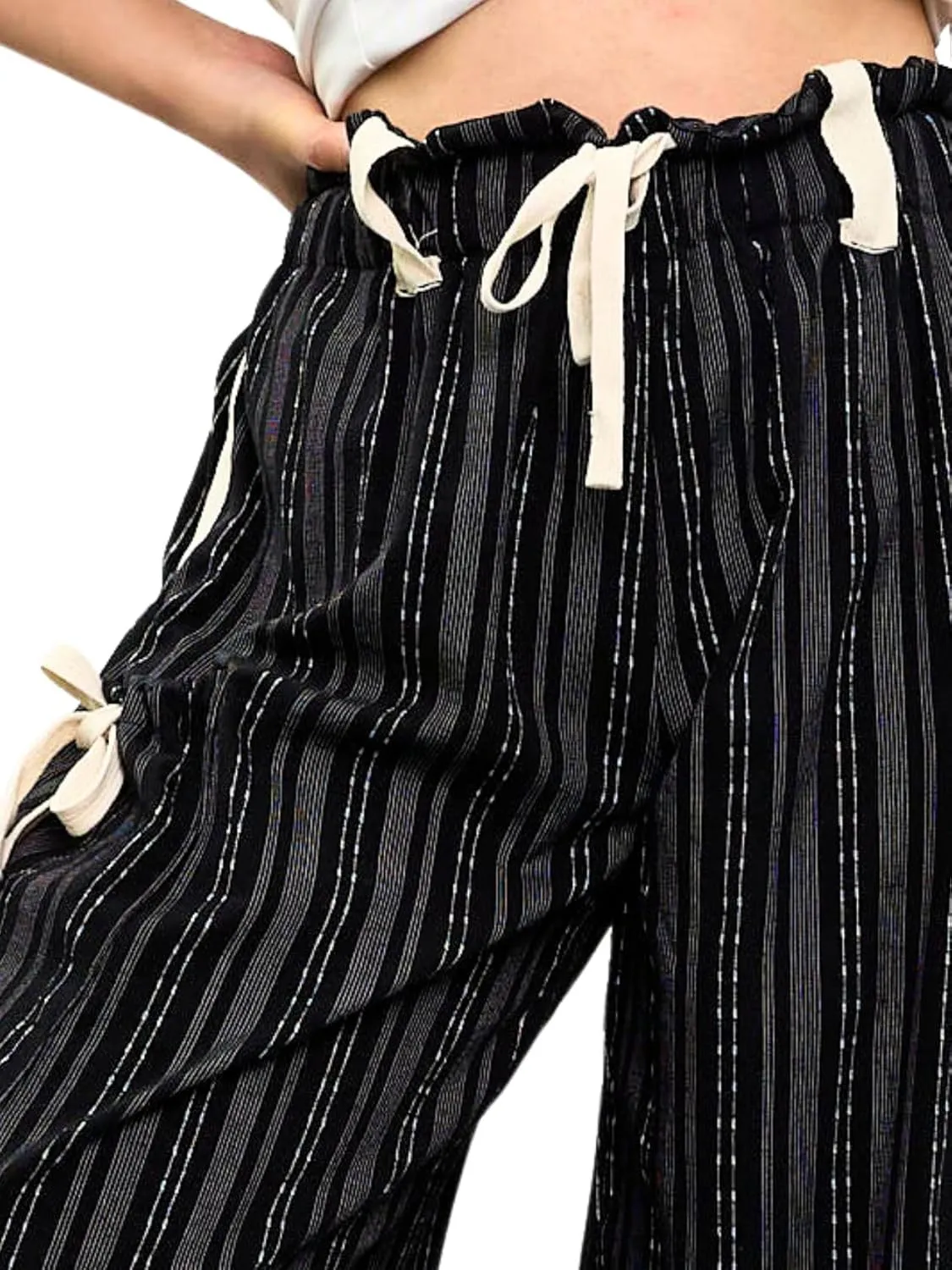 Women Drawstring Striped Pants Loose Wide Leg Casual Lounge Pants with Pockets