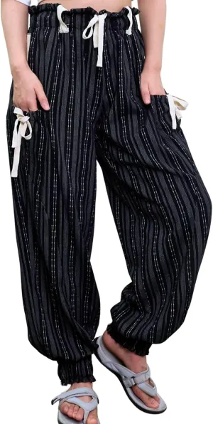 Women Drawstring Striped Pants Loose Wide Leg Casual Lounge Pants with Pockets