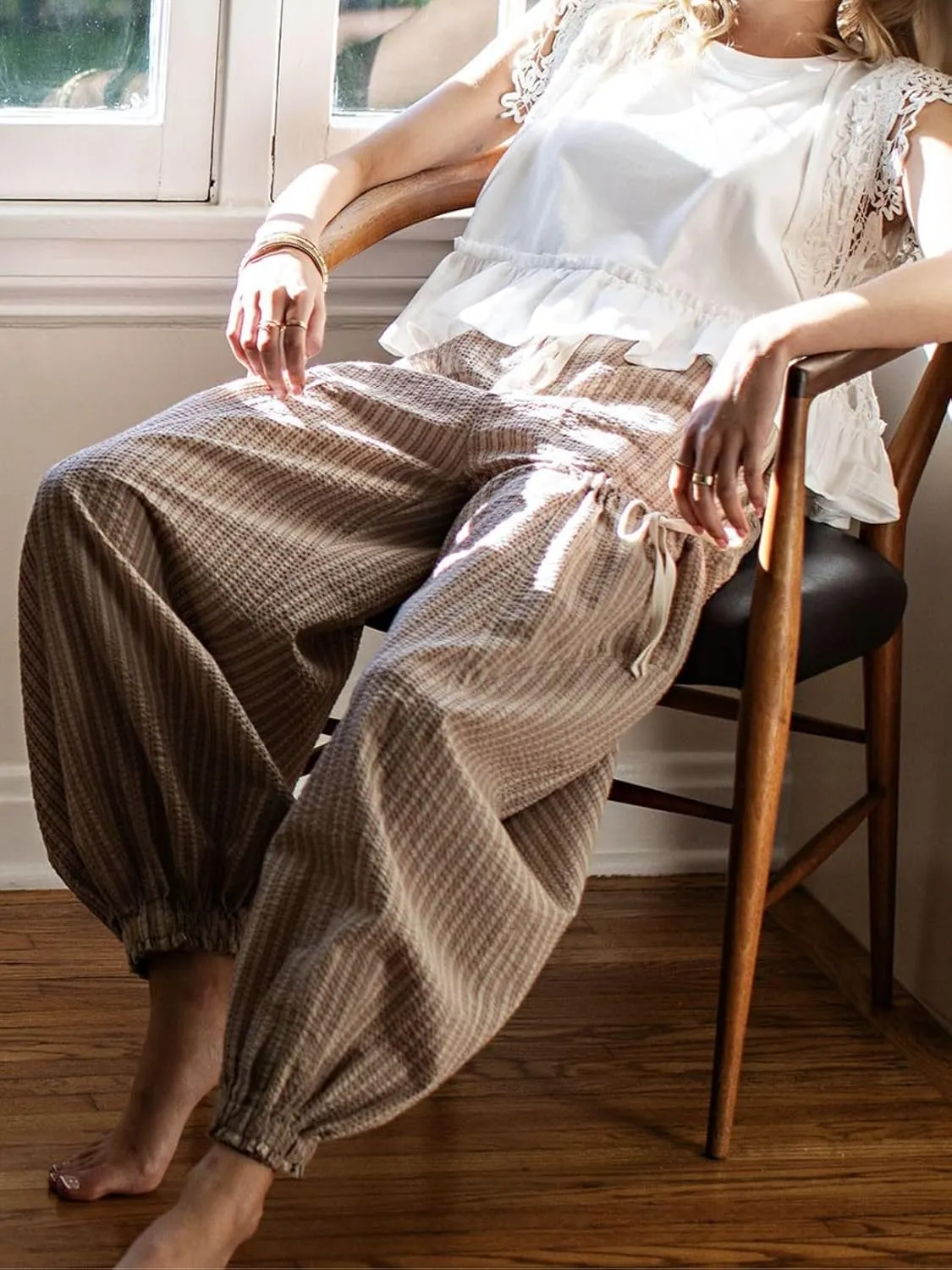 Women Drawstring Striped Pants Loose Wide Leg Casual Lounge Pants with Pockets