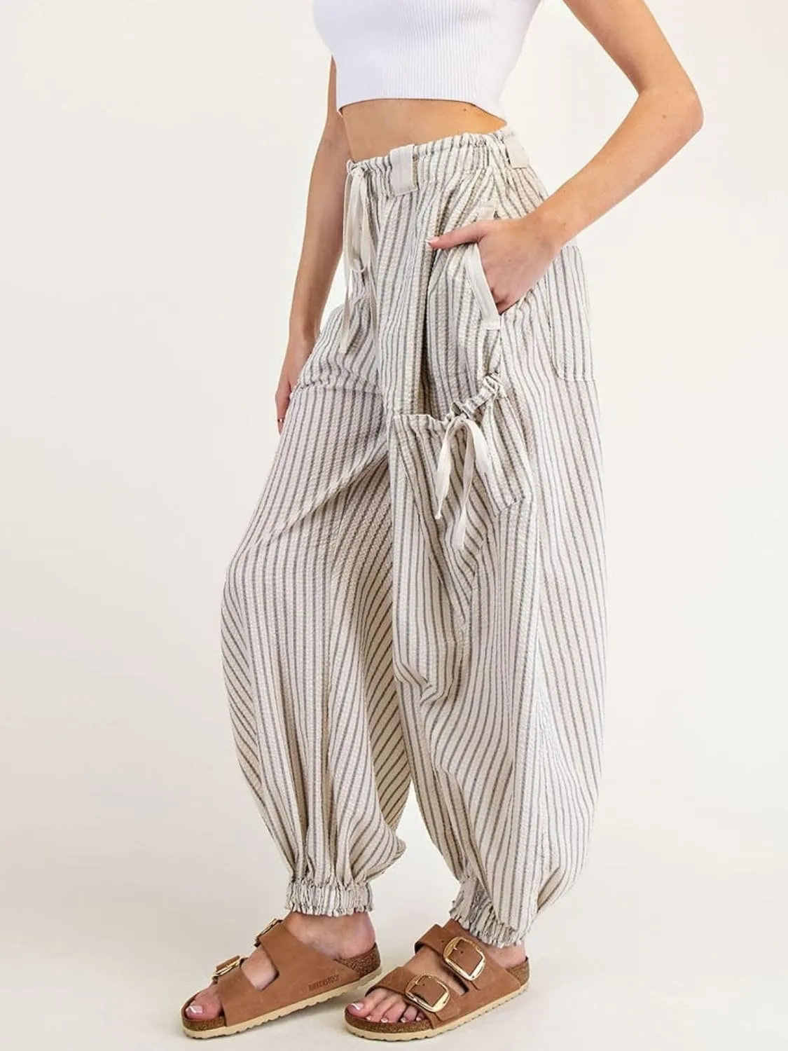 Women Drawstring Striped Pants Loose Wide Leg Casual Lounge Pants with Pockets