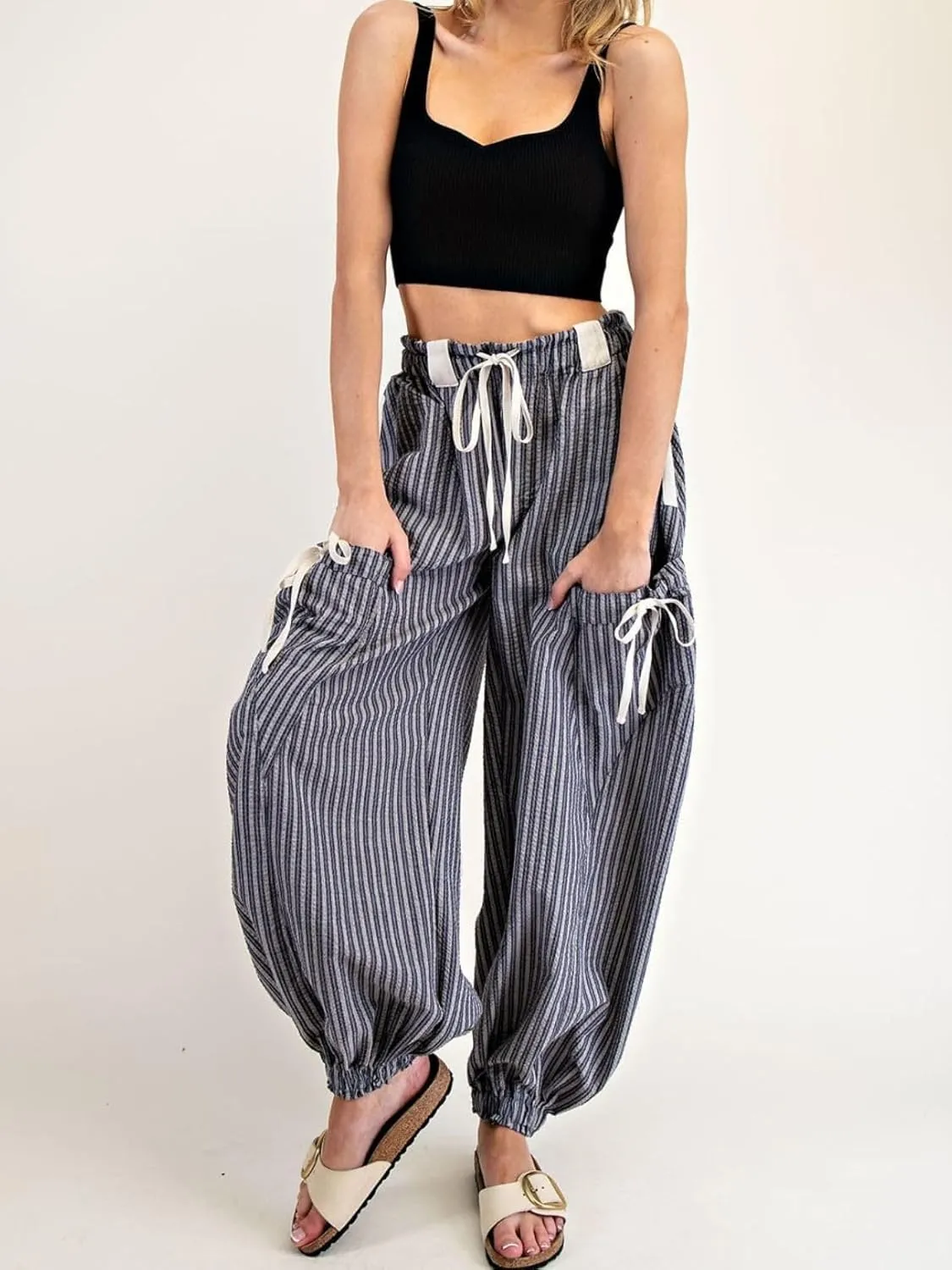 Women Drawstring Striped Pants Loose Wide Leg Casual Lounge Pants with Pockets
