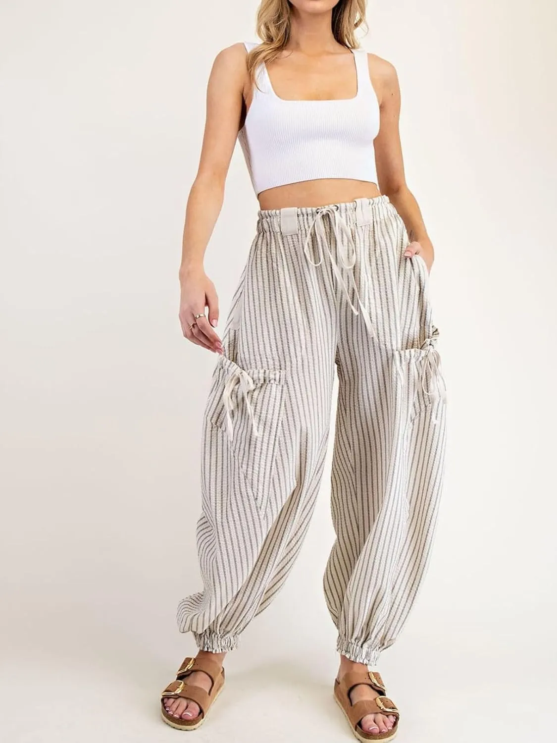 Women Drawstring Striped Pants Loose Wide Leg Casual Lounge Pants with Pockets