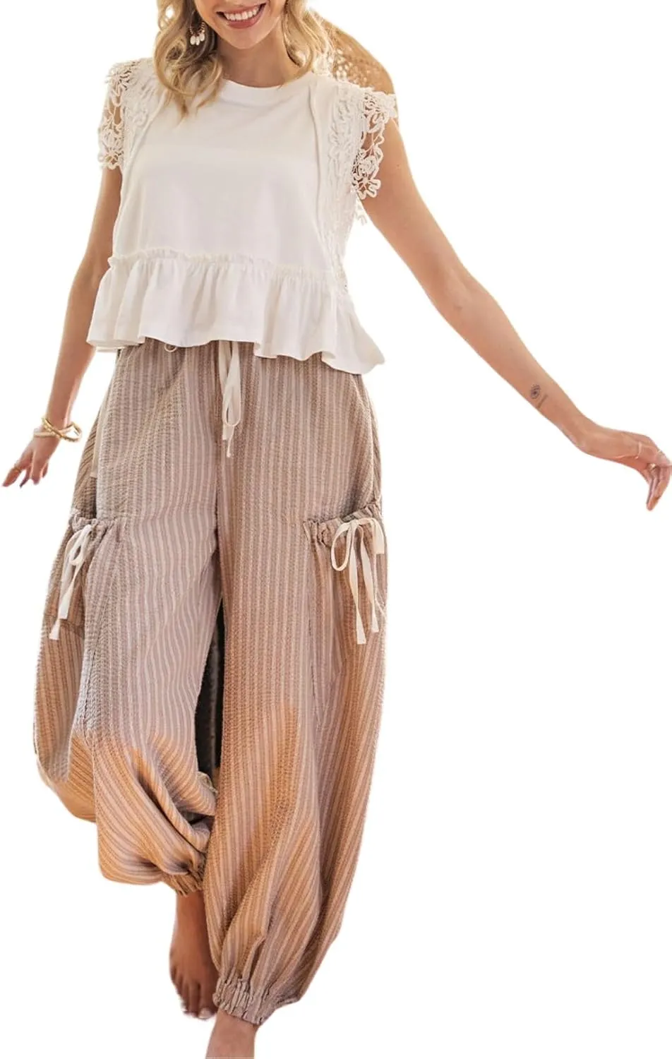 Women Drawstring Striped Pants Loose Wide Leg Casual Lounge Pants with Pockets