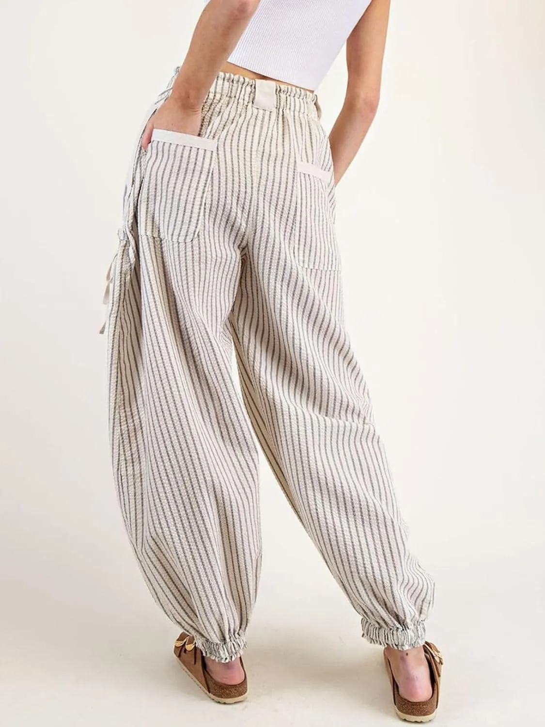 Women Drawstring Striped Pants Loose Wide Leg Casual Lounge Pants with Pockets