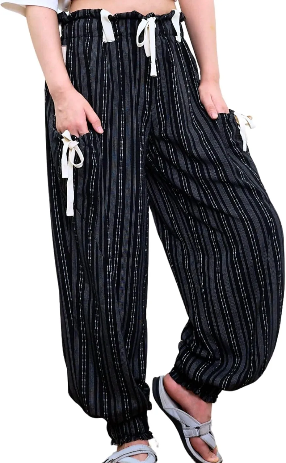 Women Drawstring Striped Pants Loose Wide Leg Casual Lounge Pants with Pockets