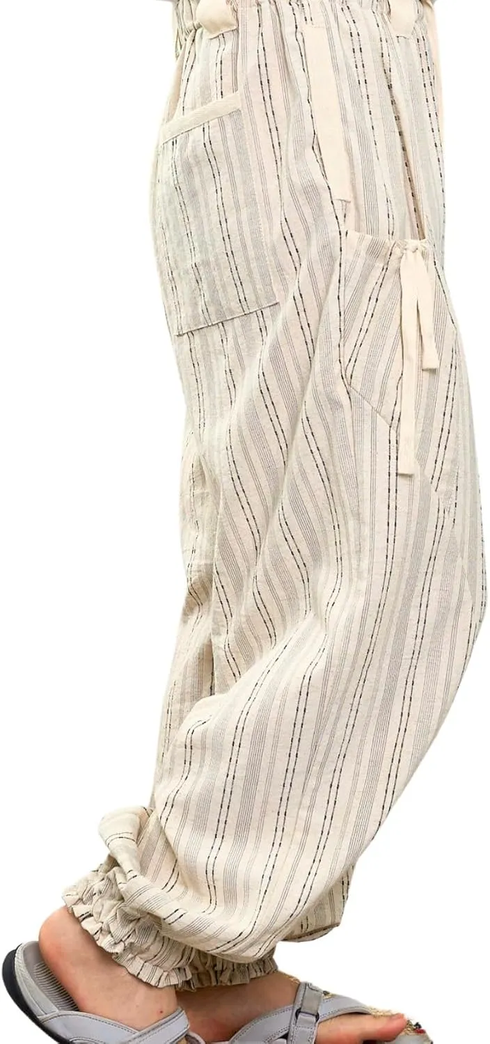 Women Drawstring Striped Pants Loose Wide Leg Casual Lounge Pants with Pockets
