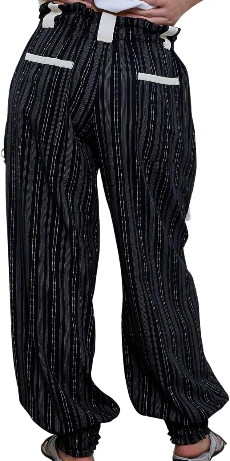 Women Drawstring Striped Pants Loose Wide Leg Casual Lounge Pants with Pockets