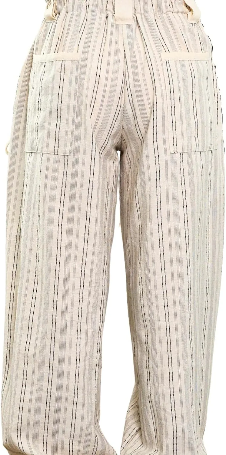 Women Drawstring Striped Pants Loose Wide Leg Casual Lounge Pants with Pockets
