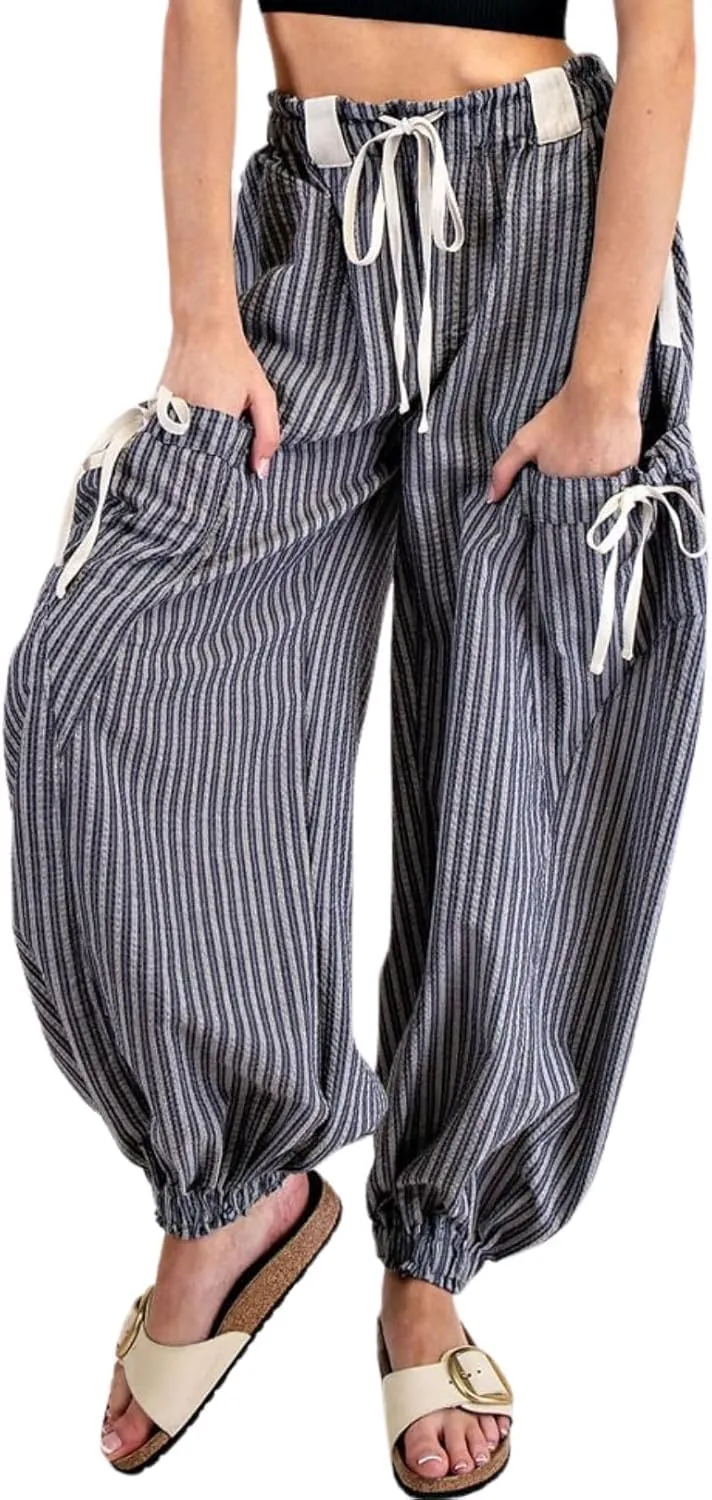 Women Drawstring Striped Pants Loose Wide Leg Casual Lounge Pants with Pockets