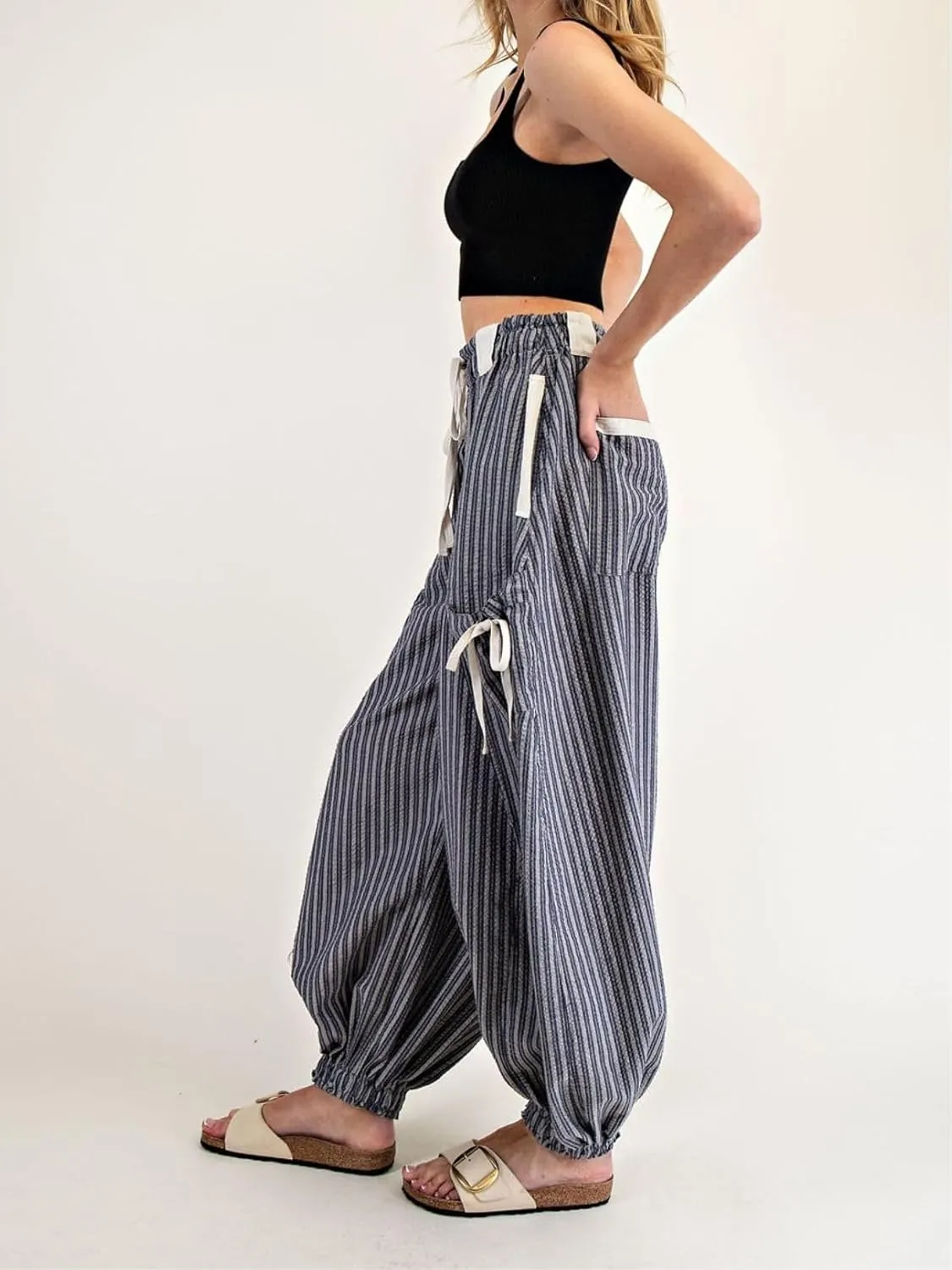 Women Drawstring Striped Pants Loose Wide Leg Casual Lounge Pants with Pockets