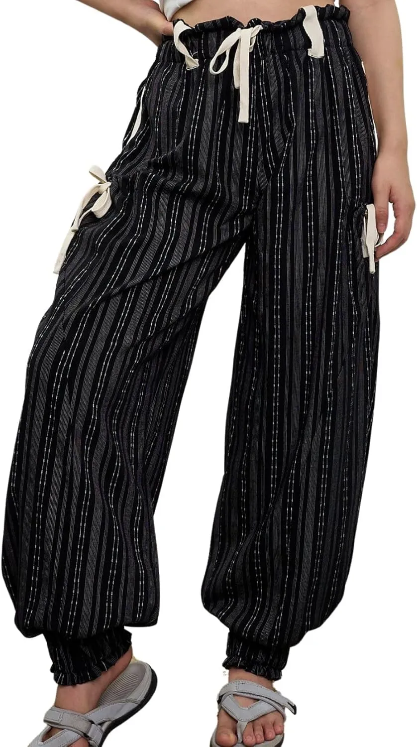 Women Drawstring Striped Pants Loose Wide Leg Casual Lounge Pants with Pockets