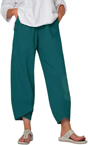 Women High Rise Casual Solid Linen Dressy Capri Pants 2024 Summer Casual Pants Cropped Tapered Travel Beach Outfits