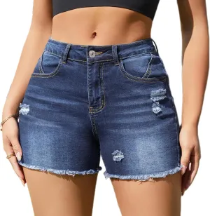 Women High Waisted Skinny Stretchy Denim Shorts Casual Summer Frayed Raw Hem Distressed Ripped Short Jeans