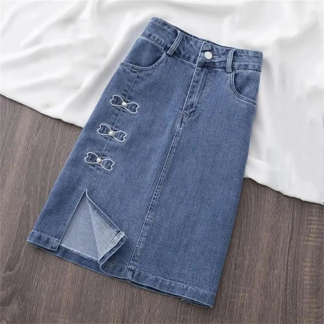Women Korean Summer Vintage Denim Skirt Elegant Embroid High Waist Jeans Skirt Harajuku Streetwear Midi Skirt