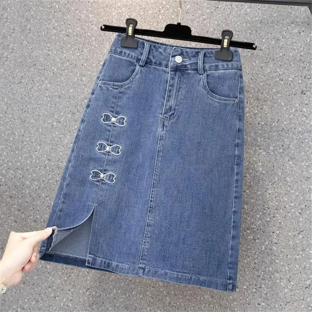 Women Korean Summer Vintage Denim Skirt Elegant Embroid High Waist Jeans Skirt Harajuku Streetwear Midi Skirt