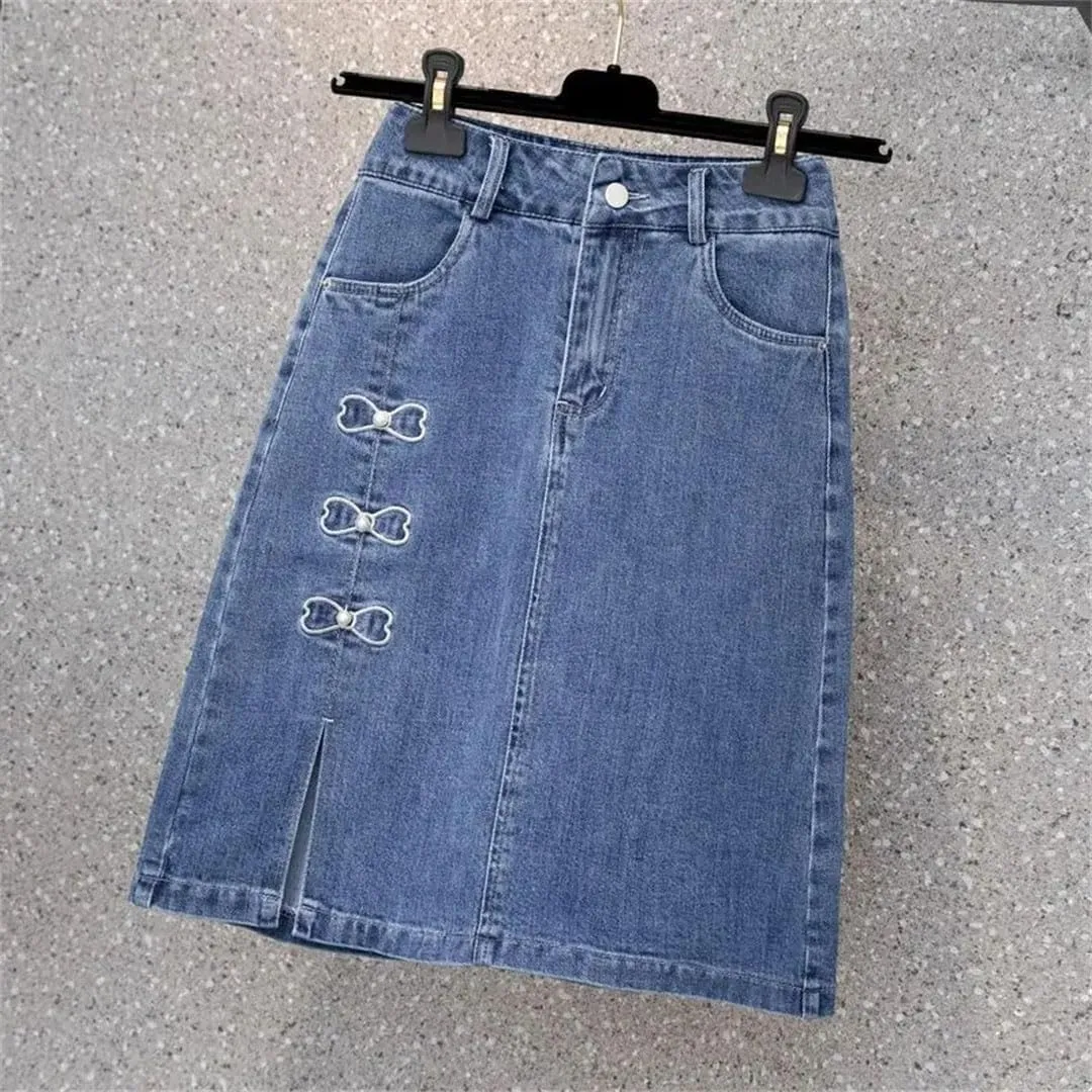Women Korean Summer Vintage Denim Skirt Elegant Embroid High Waist Jeans Skirt Harajuku Streetwear Midi Skirt