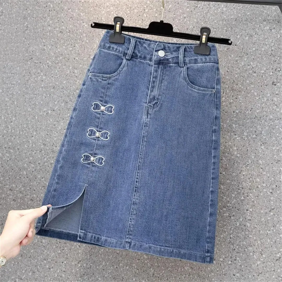 Women Korean Summer Vintage Denim Skirt Elegant Embroid High Waist Jeans Skirt Harajuku Streetwear Midi Skirt