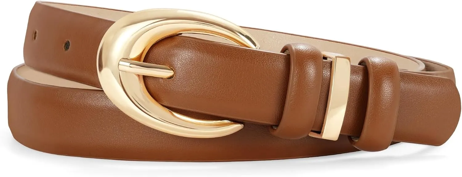 Women Leather Belt for Jeans Pants Fashion Ladies Skinny Faux Leather Dress belt with Gold Buckle
