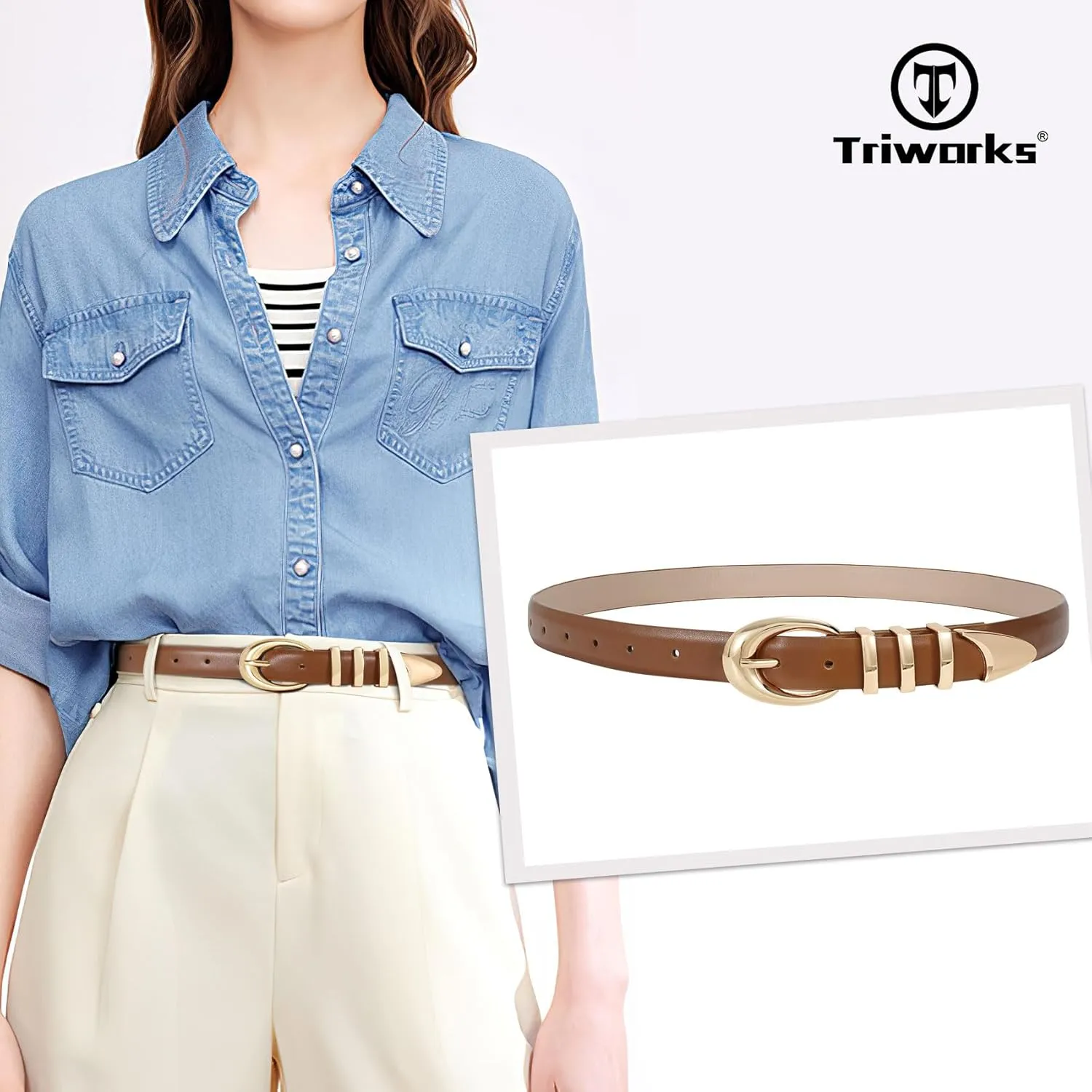 Women Leather Belt for Jeans Pants Fashion Ladies Skinny Faux Leather Dress belt with Gold Buckle