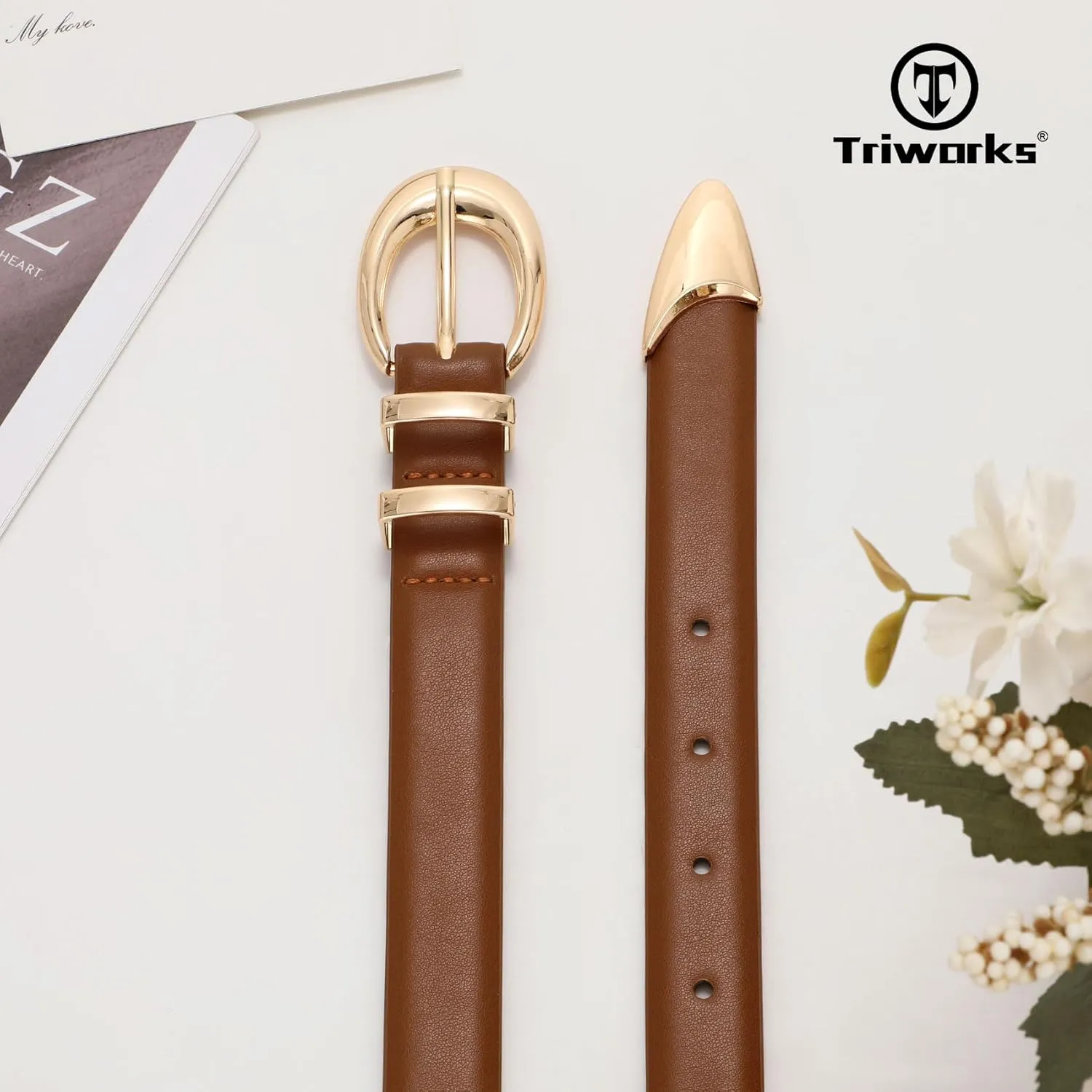 Women Leather Belt for Jeans Pants Fashion Ladies Skinny Faux Leather Dress belt with Gold Buckle