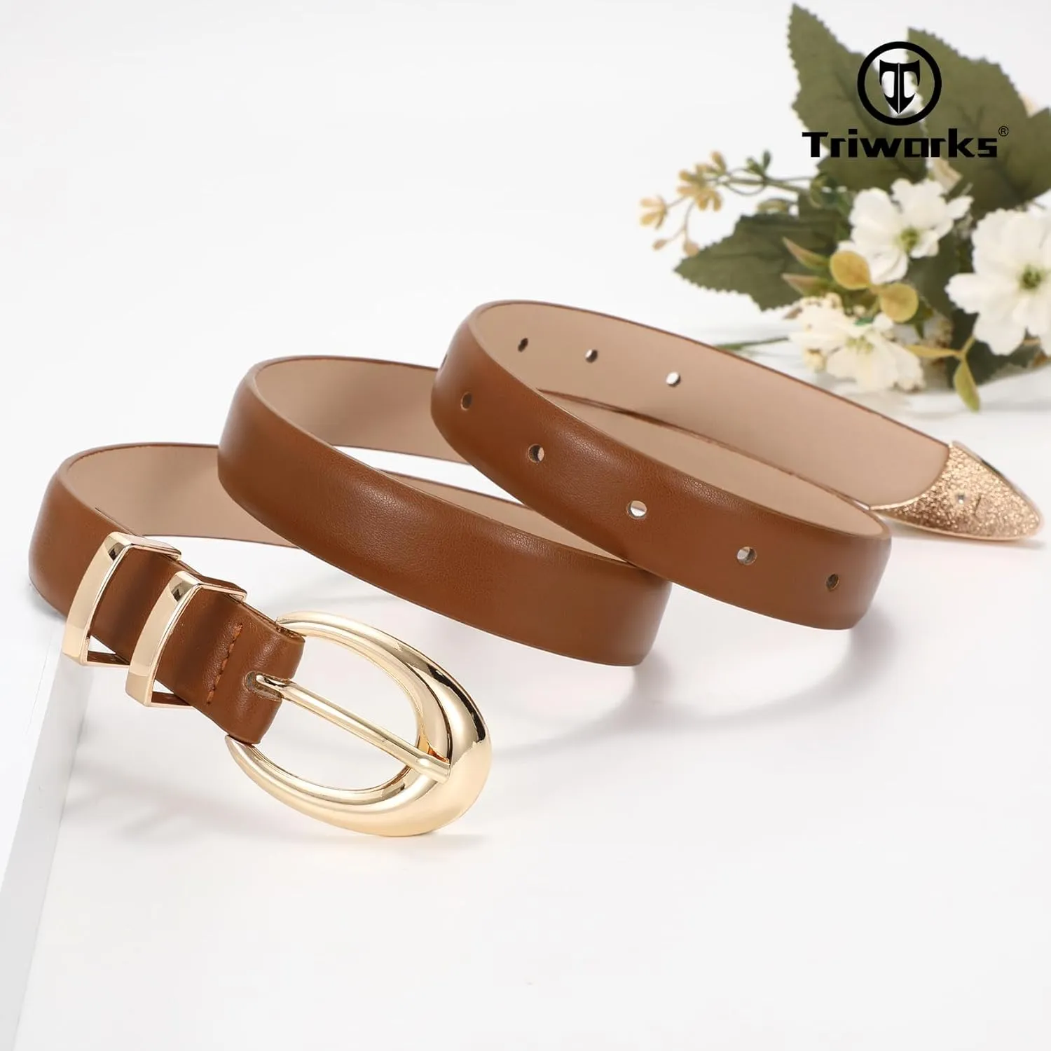 Women Leather Belt for Jeans Pants Fashion Ladies Skinny Faux Leather Dress belt with Gold Buckle