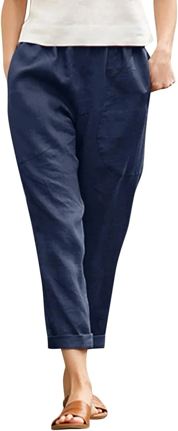 Women Linen Blend Summer Print Pants Elastic Waisted Straight Slim Fit Pant Trousers Work Business