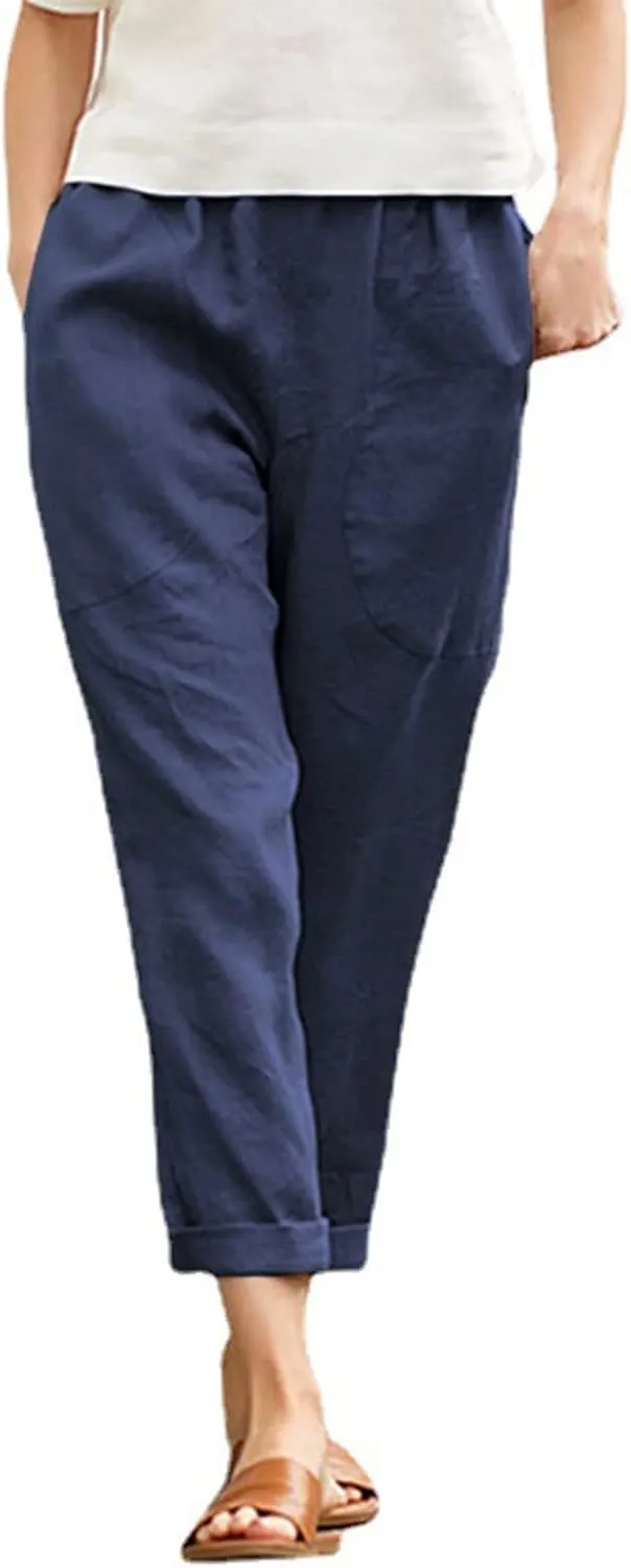 Women Linen Blend Summer Print Pants Elastic Waisted Straight Slim Fit Pant Trousers Work Business